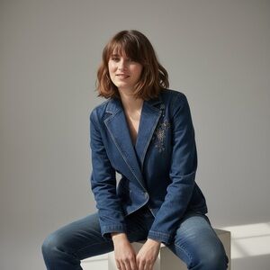 Vintage Stretchy Applique Denim Blazer Jacket Size 12